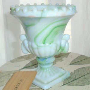 Toothpick urn slag glass miniature white and green